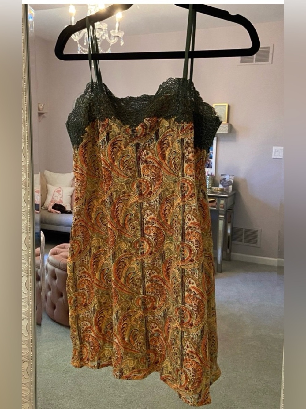 Josie Natori Paisley Chemise Nightie Sleepwear Dress with Lace Trim Sz L EUC